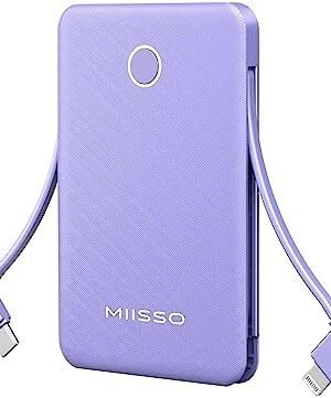 6000mah Ultra Slim Built in Cables Power Bank, Card Size Built in USB C Cords Battery Pack Portable Charger for Phones, 3 Output External Battery Pack Compatible with iPhone, Samsung, Google, Purple