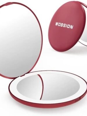 wobsion Travel Mirror with Light, 1x/10x Compact Magnifying Mirror,Handheld 2-Sided Pocket Mirror,Led Small Makeup Mirror,3.5in Compact Mirror for Purses,Travel Size Mirror for Handbag,Gift,Wine Red