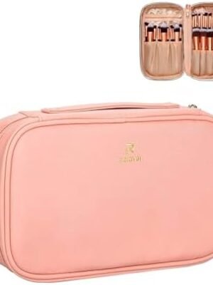 Relavel Travel Makeup Brush Bag, Large Makeup Brush Organizer, Professional Cosmetic Pouch, Makeup Artist Case, Multifunctional Capacity Makeup Bag with Brush Holder for Women for Daily Use (Pink)