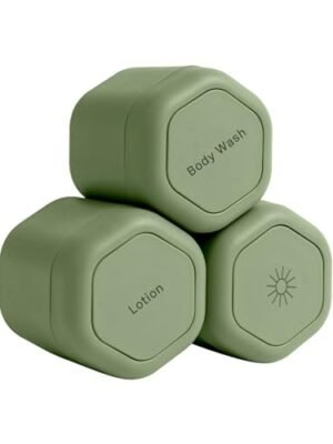 Cadence Travel Containers – Body Care Capsule Set – Magnetic Travel Capsules – For Body Wash, Lotions, Sunscreens – 3 Flex Mediums (1.32oz) with Body Wash, Lotion, & Sun Icon Labels – Eucalyptus