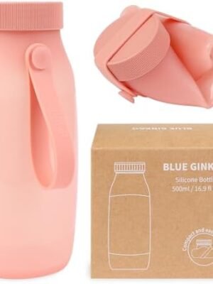 BLUE GINKGO Collapsible Water Bottle | Lightweight Foldable Water Bottles for Travel, Hiking, Camping | Leak Proof Travel Must Haves Silicone Bottle | Made in Korea (16.9oz) – Rose Pink