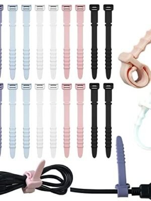 Silicone Zip Ties, Reusable Zip Ties, 20pcs Rubber Cable Ties Straps for Wire Management, Elastic Cable Organizer for Home Office Table Desk. 4.5” Cord Ties in White, Black, Pink, Purple and Blue