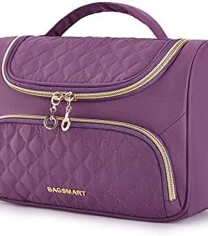 BAGSMART Travel Makeup Bag, Cosmetic Bag Make Up Organizer Case,Large Top Flap Wide Open Pouch for Women Purse for Toiletries Accessories Brushes(Purple)