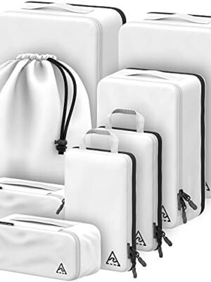 Well Traveled 8-Piece Deluxe Compression Packing Cubes for Travel – Maximize Space in Luggage with HybridMax Double Capacity Design, Luxury Suitcase Organizer Bags, Large, Small, & Medium Set, White