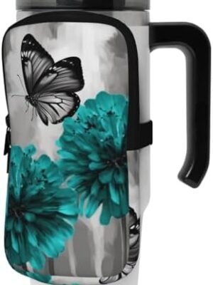 Water Bottle Pouch Sports Bottle Accessories Bag Gray Teal Flower Butterfly Handheld Water Bottle Pouchs for Gym Water Bottles Accessories for Hiking Tumbler Cup Water Bottle Bag for Travelling Small