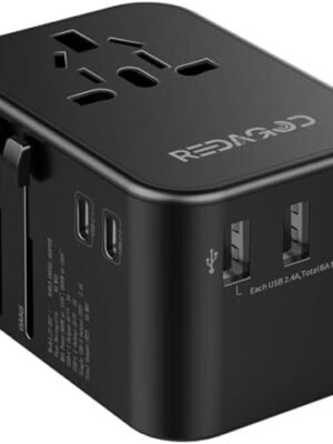 Universal Travel Adapter, Redagod International Plug Adapter 3 USB A 2 USB C Ports Max 6A 30W, European Travel Power Adaptor Worldwide Essentials Wall Charger for US to Europe UK Ireland Australia