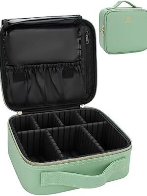 Relavel Travel Makeup Train Case Makeup Cosmetic Case Organizer Portable Artist Storage Bag with Adjustable Dividers for Cosmetics Makeup Brushes Toiletry Jewelry Digital Accessories Green