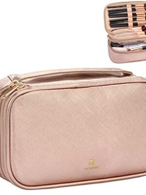 Relavel Makeup Bag, Small Travel Makeup Bag, Portable Cosmetic Case for Women, Double-layer Makeup Organizer Bag, Toiletry Bag for Girls for Christmas (Rose Gold)