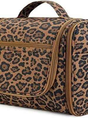 WANDF Large Hanging Toiletry Bag Travel Cosmetic Makeup Organizer Water-Resistant Shower Bathroom Bag for Women and Men (Brown Leopard)