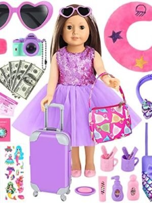 30 PCS 18 Inch Girl Doll Accessories Suitcase Travel Play Set – Camera, Suitcase Stickers, Toiletries, Pillow, Blindfold, Sunglasses, Passport, Tickets, Cash, Fit for 18 Inch Girl Doll