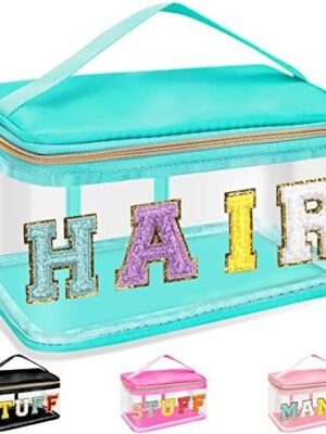 Chenille Letter Clear Makeup Bags Hair Pouch, Preppy Patch Makeup Bag Zipper with Handle, Transparent PVC & Nylon Waterproof Glitter Cosmetic Handbag Travel Toiletry Storage for Women Girl(HAIR-Green)