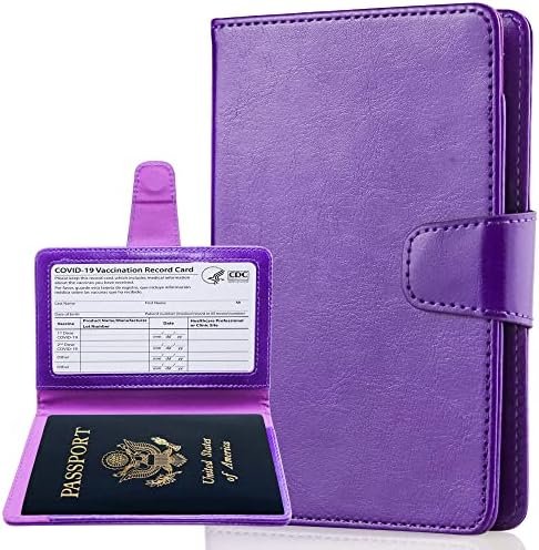 Teskyer Passport Holder and Vaccine Card Holder Combo, Fit for 4 x 3 Vaccine Card, Leather Passport Wallet Cover with Vaccine Card Slot, Purple
