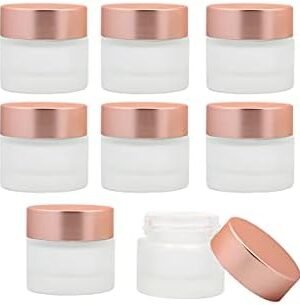 8 Pack Frosted Glass Jar,Mini Empty Cosmetic Jar Makeup Sample Containers With Inner Liner And Rose Gold Lids For Cream Lotions Scrubs Lip Balm (10g)