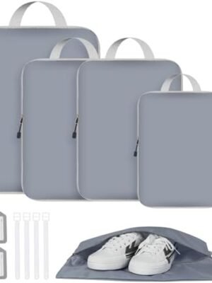 5 Set Compression Packing Cubes, Packing Cubes for Travel Expandable Packing Organizers Travel Cubes for Packing Luggage Organizers with 4 Luggage Cards Travel Accessories