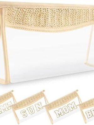 41jDE19QQCL._AC_.jpg UIXIZQ Small Boho Straw Clear Makeup Bags for Women&Girls, Zipper Cosmetic Bag Chenille Varsity Letter Patch Bag, Preppy Cute Toiletry Pouch, Trendy Organizer Storage Bag for Beach Travel Essentials