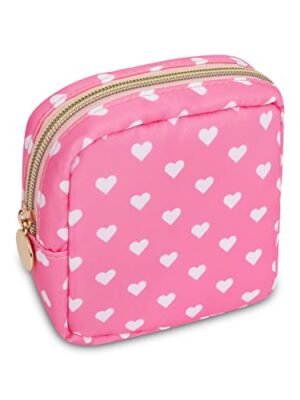 Waterproof Mini Makeup Bag Pouch for Purse,Small Cosmetic Travel Bag Pouch Nylon Toiletry Organizers Bag for Women Girl,Cute Mini Zipper Coin Purse Storage Bag for School Work Camping(Mini-Pink Heart)