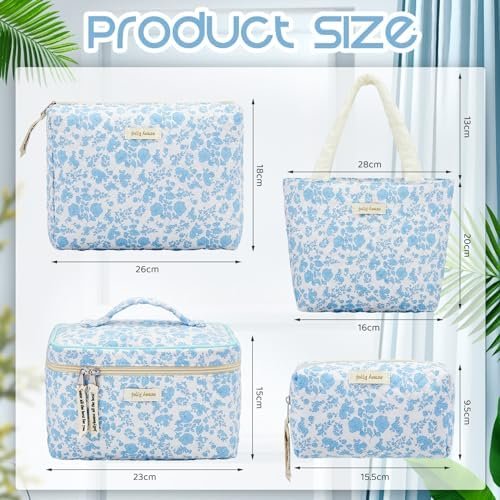 Silkfly 4 Pcs Cosmetic Bags Set Cotton Quilted Makeup Bag Portable Cute Cosmetic Pouch Vintage Travel Cosmetic Bag Aesthetic Small Tote Bags for Women Girls Suitcase Accessories, Beige (Blue Flower)