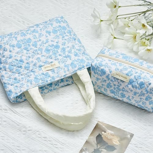 Silkfly 4 Pcs Cosmetic Bags Set Cotton Quilted Makeup Bag Portable Cute Cosmetic Pouch Vintage Travel Cosmetic Bag Aesthetic Small Tote Bags for Women Girls Suitcase Accessories, Beige (Blue Flower)