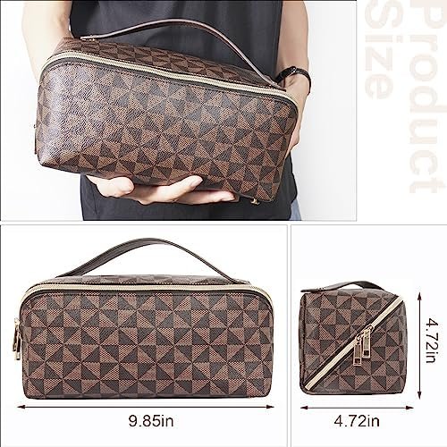 DIYOOHOMY Brown Checkered Makeup Bag Large Capacity Lay Flat Cosmetic Bag With Compartments Travel Leather Women Waterproof Beauty Bathroom Skincare Big Bag Designer Toiletry Organizer Pouch