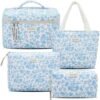 Silkfly 4 Pcs Cosmetic Bags Set Cotton Quilted Makeup Bag Portable Cute Cosmetic Pouch Vintage Travel Cosmetic Bag Aesthetic Small Tote Bags for Women Girls Suitcase Accessories, Beige (Blue Flower)