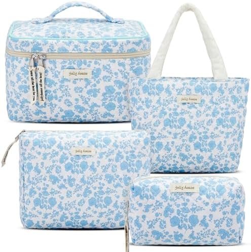 Silkfly 4 Pcs Cosmetic Bags Set Cotton Quilted Makeup Bag Portable Cute Cosmetic Pouch Vintage Travel Cosmetic Bag Aesthetic Small Tote Bags for Women Girls Suitcase Accessories, Beige (Blue Flower)