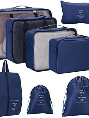 8 Set Packing Cubes for Suitcases,Luggage Packing Organizers With Laundry Bag,Compression Storage Shoe Bag,Clothing Underwear Bag (Dark Blue)