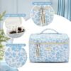 Silkfly 4 Pcs Cosmetic Bags Set Cotton Quilted Makeup Bag Portable Cute Cosmetic Pouch Vintage Travel Cosmetic Bag Aesthetic Small Tote Bags for Women Girls Suitcase Accessories, Beige (Blue Flower)