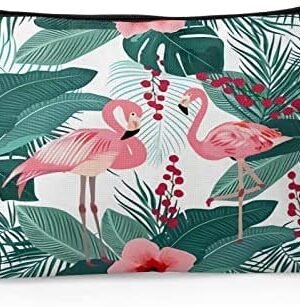 Cafl Flamingo Makeup Bag Tropical Leaves Cosmetic Bag for Women Large Capacity Make Up Bag Portable Travel Toiletry Pouch Accessories Organizer 10 * 8inch