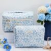 Silkfly 4 Pcs Cosmetic Bags Set Cotton Quilted Makeup Bag Portable Cute Cosmetic Pouch Vintage Travel Cosmetic Bag Aesthetic Small Tote Bags for Women Girls Suitcase Accessories, Beige (Blue Flower)