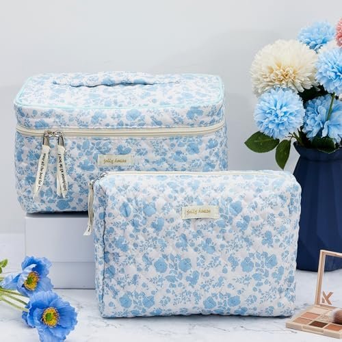 Silkfly 4 Pcs Cosmetic Bags Set Cotton Quilted Makeup Bag Portable Cute Cosmetic Pouch Vintage Travel Cosmetic Bag Aesthetic Small Tote Bags for Women Girls Suitcase Accessories, Beige (Blue Flower)
