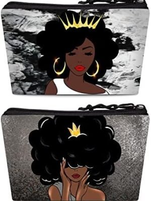 BDAWQUG 2 Pieces Black Queen Afro Melanin Art Makeup Bag Accessories Pouch African American Travel Toiletry Bag Reusable Cosmetic Organizer for Women Gifts