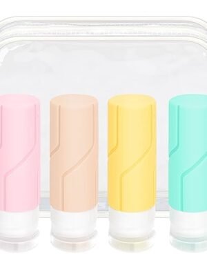 Arqumi Silicone Travel Bottles,Leak Proof Free Squeezable Refillable Cosmetic Container Kits with PVC Zipper Bag,3.4oz TSA Approved BPA Free Travel Bottles for Shampoo,Lotion,4 Colors