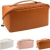 Large Capacity Makeup Bag,Large Capacity Makeup Bag Travel Cosmetic Bags for Women, Double Layered Cosmetic Bag with Handle and Dividers, Waterproof Portable Leather Makeup Bags (brown)