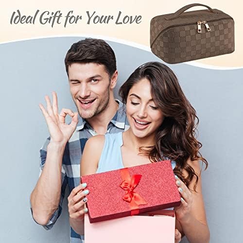 SFXULIX Large Capacity Travel Cosmetic Bag - Makeup Bag, PU Leather Waterproof Cosmetic Bag, Women Portable Travel Makeup Bag With Handle and Divider Flat Lay Makeup Organizer Bag (Z1-Brown)