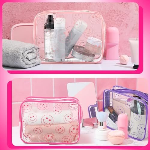 Cunno 6 Pcs Smile Face Clear Makeup Bags for Women, Smile Dots Cosmetic Bags with Zipper Transparent PVC Waterproof Travel Toiletry Handbags Purses Organizer for Girls (Smile Style)