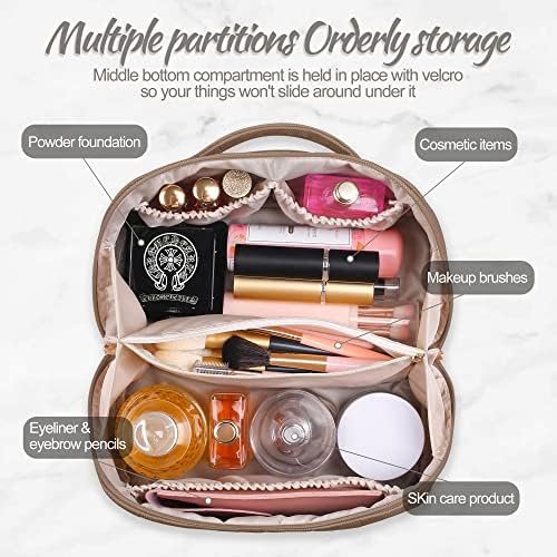 SFXULIX Large Capacity Travel Cosmetic Bag - Makeup Bag, PU Leather Waterproof Cosmetic Bag, Women Portable Travel Makeup Bag With Handle and Divider Flat Lay Makeup Organizer Bag (Z1-Brown)