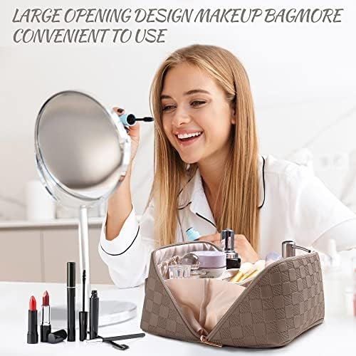 SFXULIX Large Capacity Travel Cosmetic Bag - Makeup Bag, PU Leather Waterproof Cosmetic Bag, Women Portable Travel Makeup Bag With Handle and Divider Flat Lay Makeup Organizer Bag (Z1-Brown)