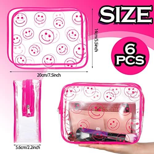 Cunno 6 Pcs Smile Face Clear Makeup Bags for Women, Smile Dots Cosmetic Bags with Zipper Transparent PVC Waterproof Travel Toiletry Handbags Purses Organizer for Girls (Smile Style)