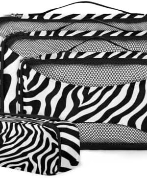 Zebra Print Travel Packing Cubes 4 Set, Animal Zebra Print Luggage Packing Organizers Storage Mesh Bags for Travel Accessories