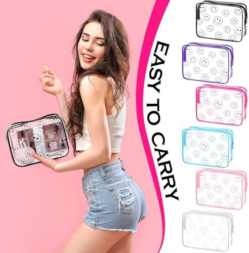 Cunno 6 Pcs Smile Face Clear Makeup Bags for Women, Smile Dots Cosmetic Bags with Zipper Transparent PVC Waterproof Travel Toiletry Handbags Purses Organizer for Girls (Smile Style)