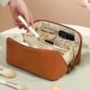 Large Capacity Makeup Bag,Large Capacity Makeup Bag Travel Cosmetic Bags for Women, Double Layered Cosmetic Bag with Handle and Dividers, Waterproof Portable Leather Makeup Bags (brown)
