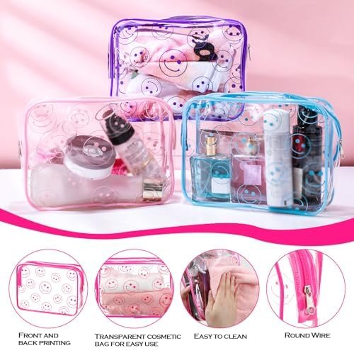 Cunno 6 Pcs Smile Face Clear Makeup Bags for Women, Smile Dots Cosmetic Bags with Zipper Transparent PVC Waterproof Travel Toiletry Handbags Purses Organizer for Girls (Smile Style)