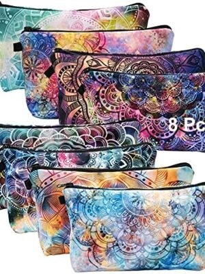 AUHOKY 8 Styles Makeup Toiletry Pouch Waterproof Cosmetic Bag with Zipper, Mandala Flowers Roomy Travel Accessories Organizer Pouches for Women(8.7 x 5.3 Inch) (A)