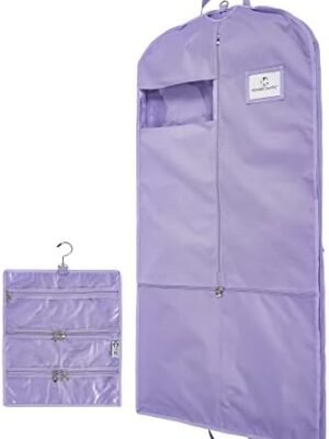 Waterproof Hanging Garment Bag with Accessory Pouch – 52 inch Deluxe Clothes Bag with Gusset, 4 Pockets & Side Zip for Dance Costumes, Sports, Skating, Theatre, Beauty Pageants & More (Lilac+)