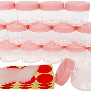16pcs 20 Gram 20ml Jars, Small Cosmetic Sample Empty Container, Plastic Round Pot Pink Screw Cap Lid, Tiny 20g Bottle for Makeup, Eye Shadow, Nails, Powder, Jewelry, Free 16 Spatulas Labels