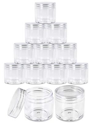 Beauticom 30g/30ml (1 fl. oz.) Double Wall Clear Plastic Leak Proof Jars with Flat Top Lids for Creams, Lotions, Make Up, Powders, Glitters, and more… (Color: Clear, Pieces: 12)