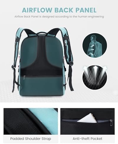 LOVEVOOK Travel Laptop Backpack Waterproof Anti Theft Backpack with Lock and USB Charging Port Large Computer Business Backpack for Women College Backpack (17 inch,Paleturquoise & White