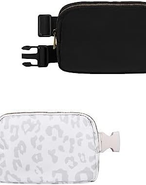 VKIOIP Belt Waist Fanny Pack with Adjustable Strap,Hands Free Crossbody Bag with Zipper,Workout Exercise Accessories for Traveling,Running,Hiking,Cycling,Sports Gifts, Black & Leopard White