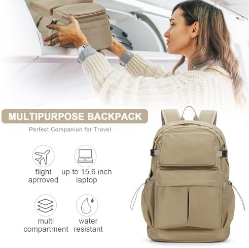 WEPOET Laptop Backpack For Men Simple College Backpack Lightweight Travel Backpack For Traveling On Airplane Casual Daypack Carry On Backpack(Khaki)