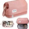 Large Travel Makeup Bag, Double Layer Cosmetic Bag for Women, Portable Toiletry Bags with Zipper Pouch, Make Up Storage Case Organizer for Toiletries & Brushes (Pink)